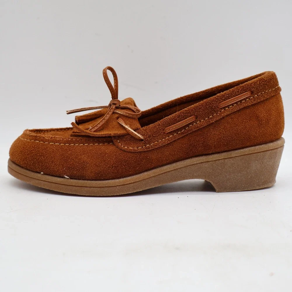 Young Ones Loafers Youth 13 Vintage Brown Suede Kiltie Fringe Moc Toe Wedge